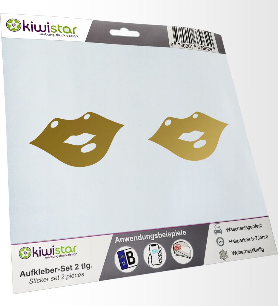 Kiwistar - 2x Kennzeichenaufkleber - gold - 21 mm Kiss - Kussmund - Lippen - Autoaufkleber - Aufkleber für Auto, Laptop, Fahrrad, LKW, Motorrad Me...