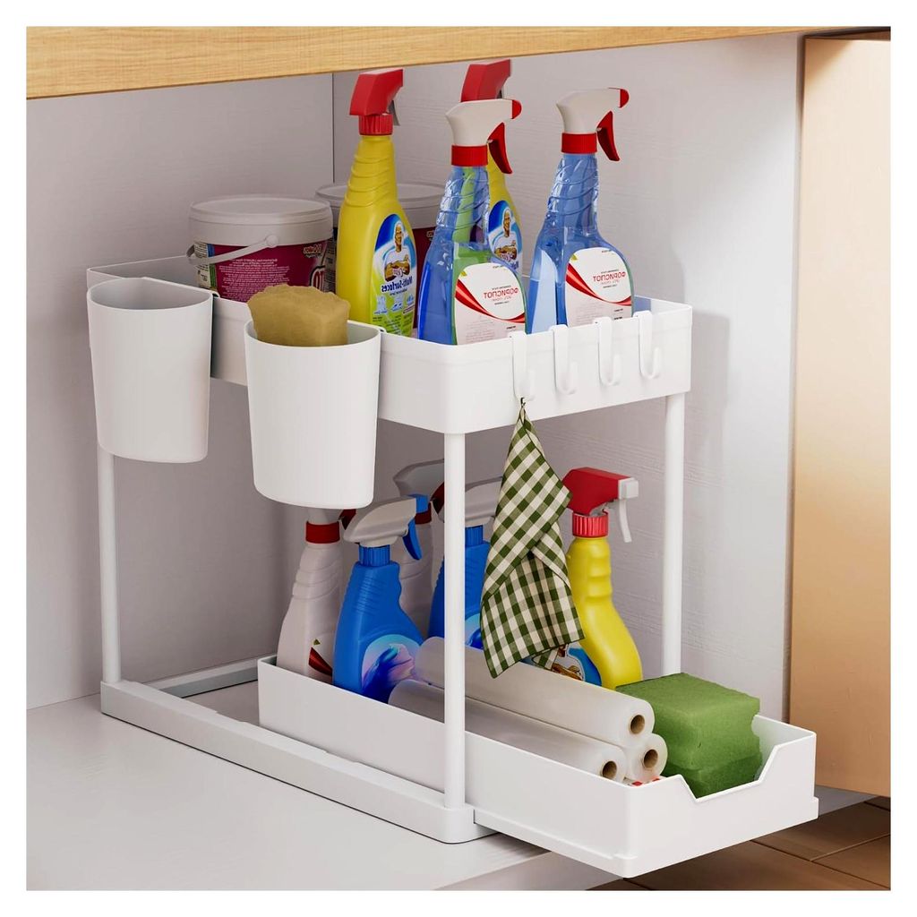 Küchen Organizer mit 2 Etagen, Regal für unter das Waschbecken mit Haken und Tassen für Gewürze, Organizer für Küche und Badezimmer in Weiß