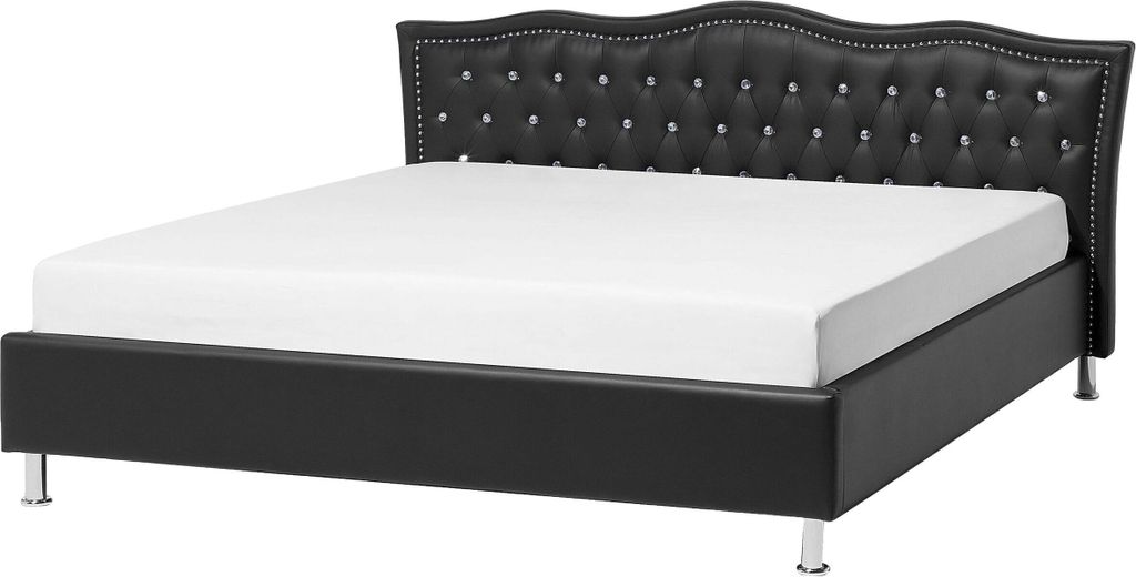 BELIANI Bett Kunstleder Schwarz 140 x 200 cm Mit Bettkasten Hochklappbar Exklusiv Geschwungenes Kopfteil Knopfverzierung Elegant Romantisch