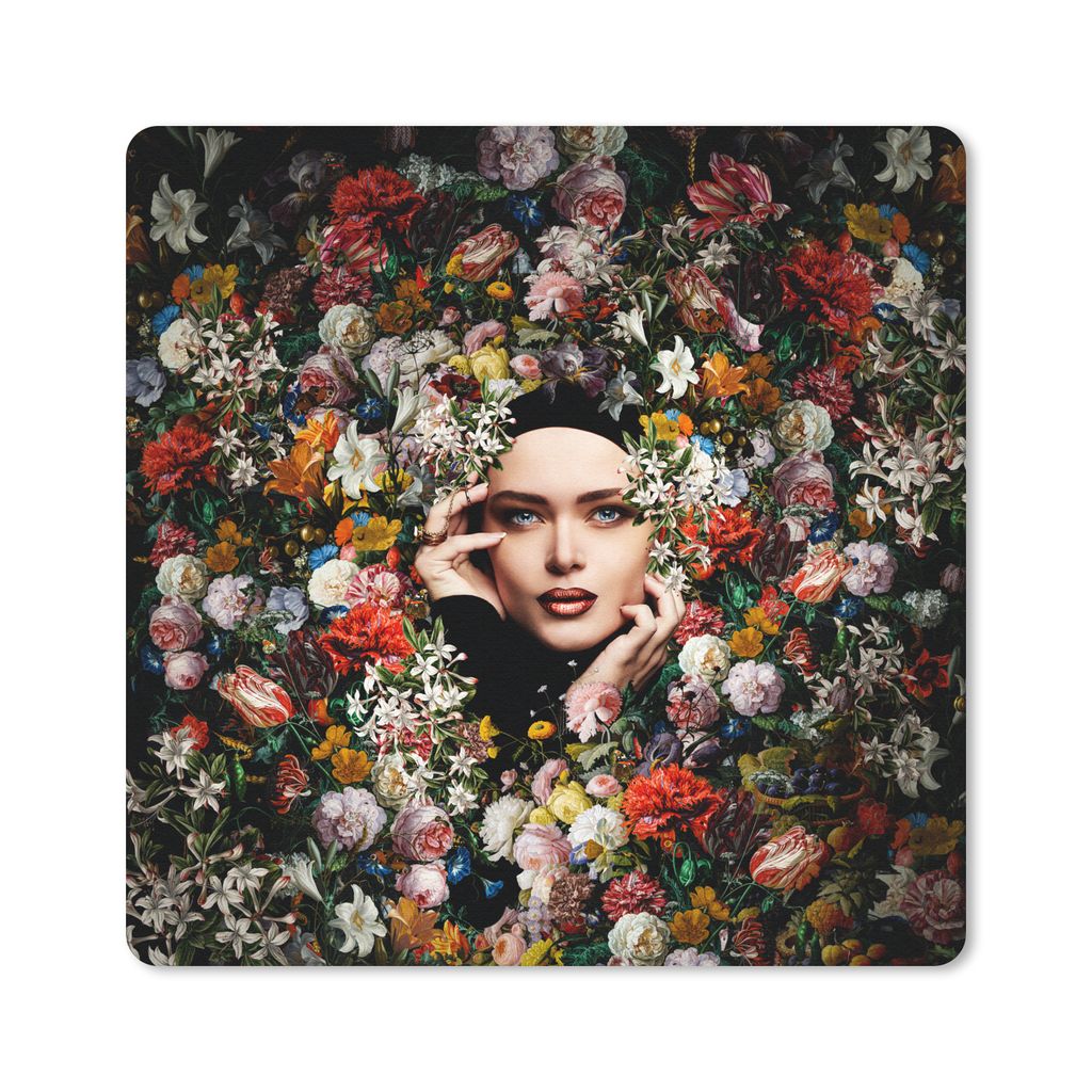 MuchoWow Mauspad Mousepad Blume - Frauen - Porträt - Botanisch 20x20 cm - Mousepads - Maus Mat - Pad - Mausunterlage - Desk Mat - Bureauartikeln