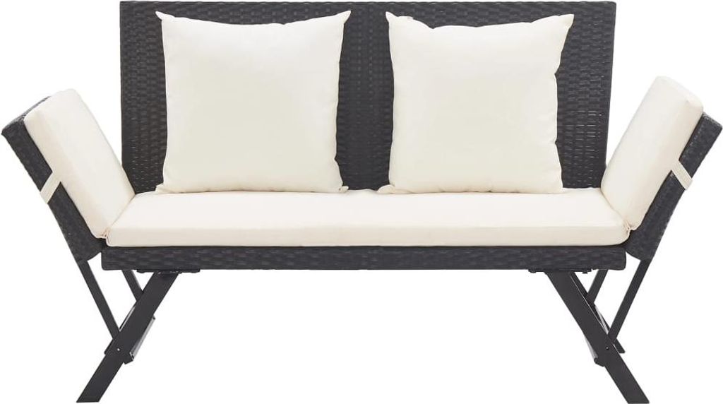 A black poly rattan garden bench with white cushions and pillows, shown from the front on a white background.