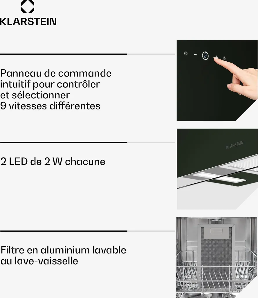 Klarstein AlizeEdge Hotte Murale 60cm - Aspiration 487 m³/h Noire