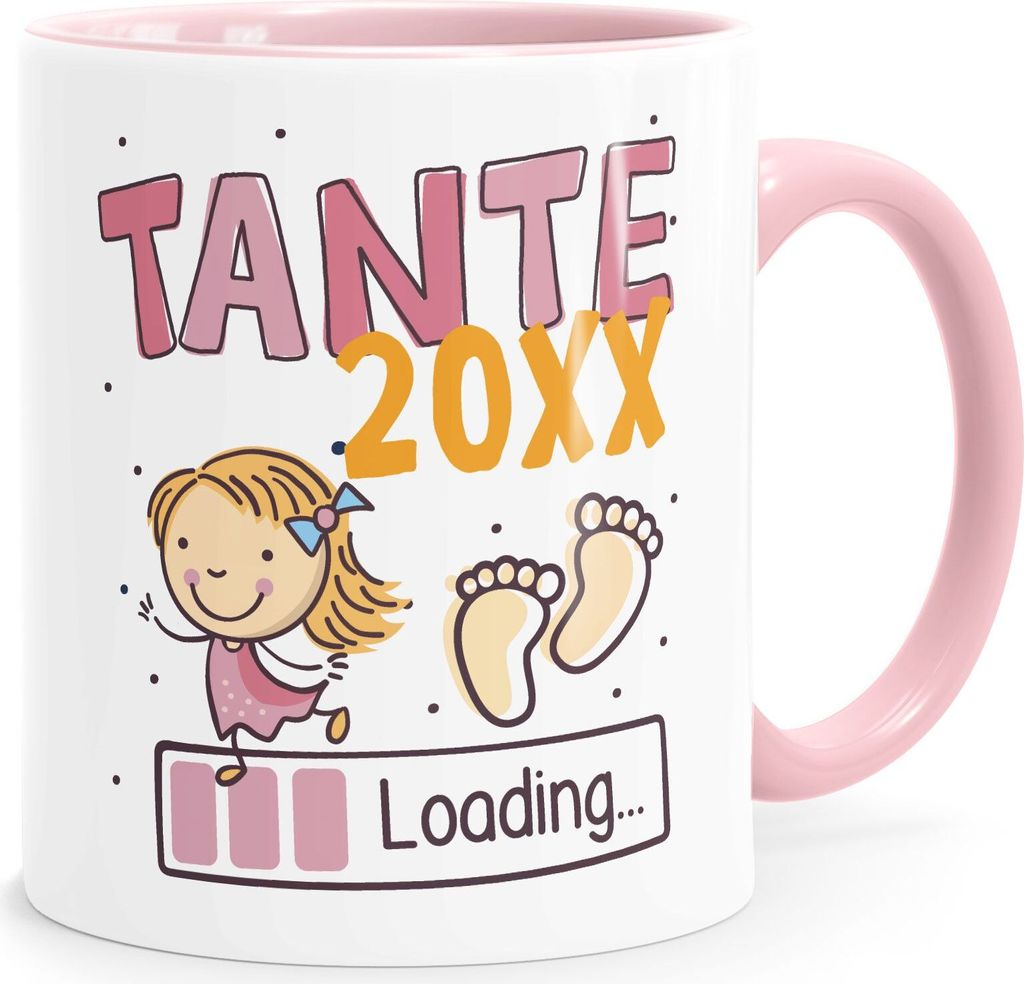 Kaffee-Tasse Schwanger Schwangerschaft Jahreszahl personalisiert Geschenk Mama Papa Oma Opa loading SpecialMe Tante-Nichte weiss-innen-rosa Keram...