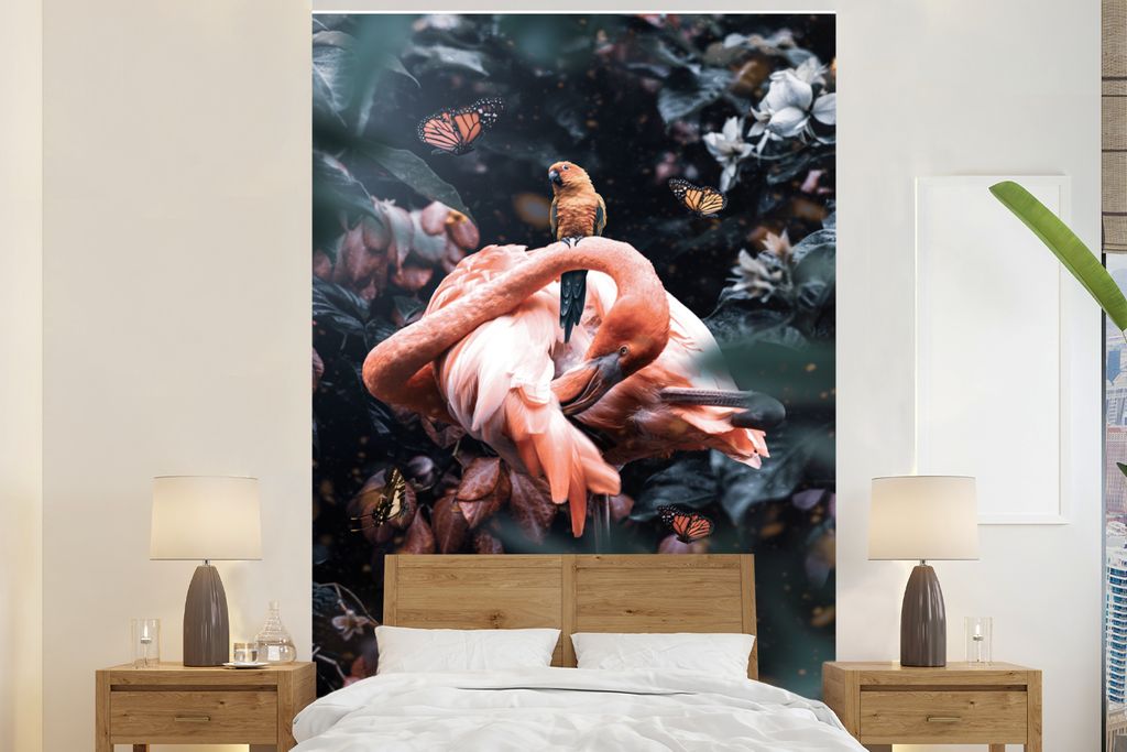 MuchoWow Fototapete für Wohnzimmer oder Schlafzimmer Wandtapete Vinyl Motivtapete Flamingo - Schmetterling - Vogel - Dschungel - 170x260 cm - Wo...
