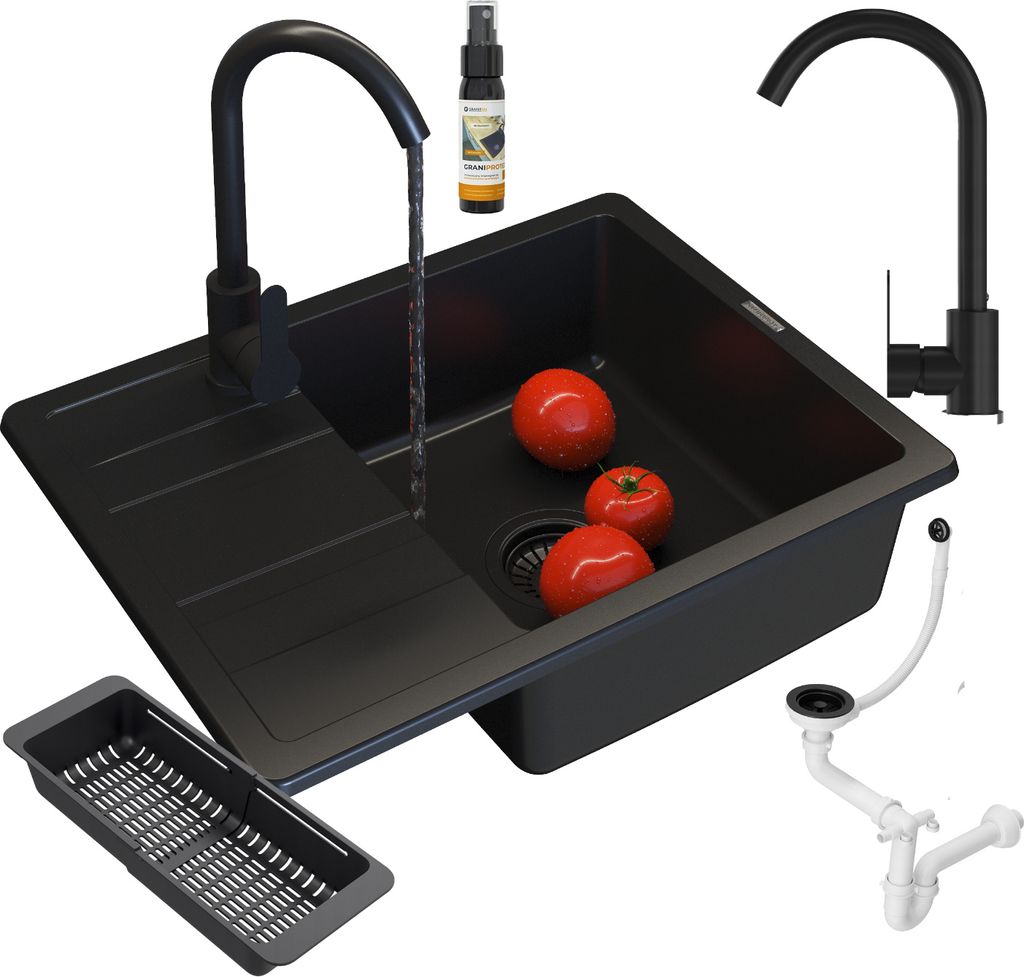 Granitan | Granitspüle PAROS - 580x440 mm - Schwarz - Einbau mit Zubehör und Pflegeprodukt
