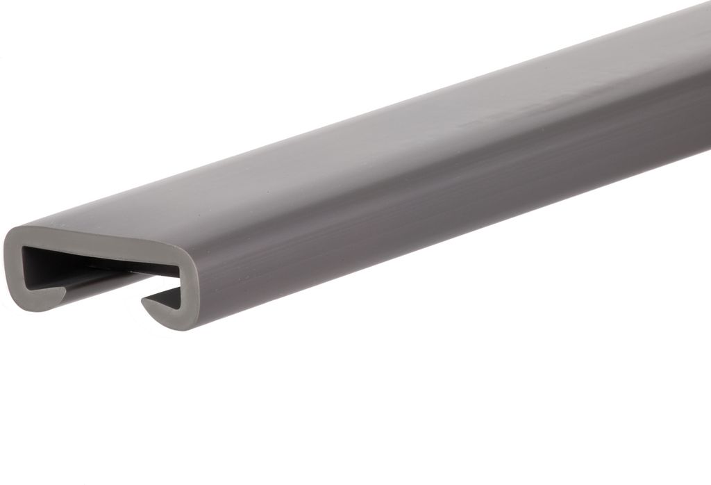 A close-up, angled view of a dark gray plastic handrail profile against a white background.