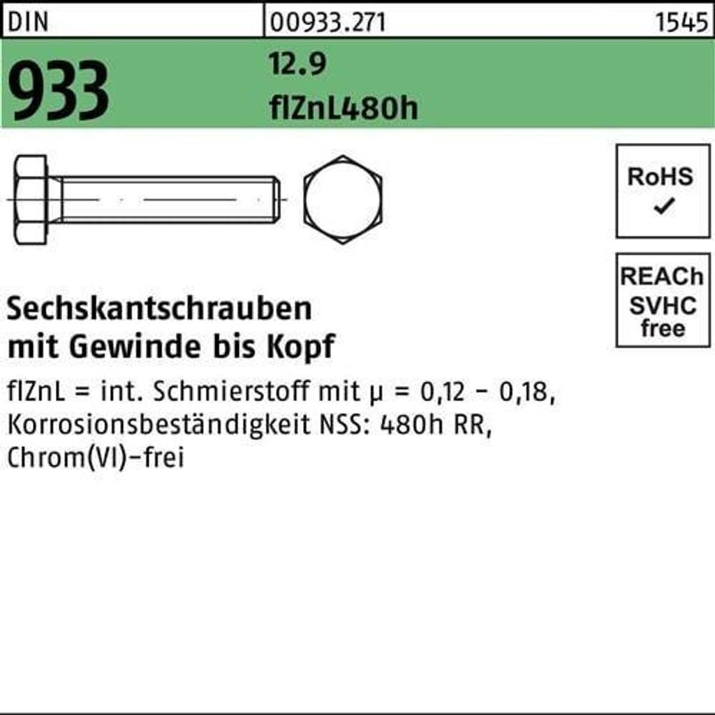 Reyher Sechskantschrauben DIN 933 12.9 M6x12 flZnL/nc/x/x/480h/C flZn (500)