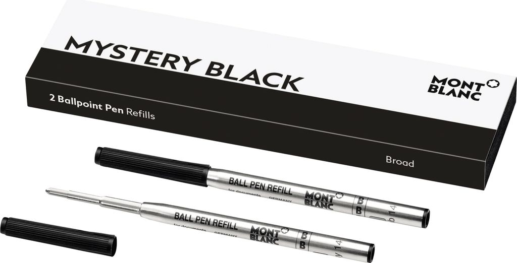 A box of Montblanc ballpoint pen refills with two refills shown.