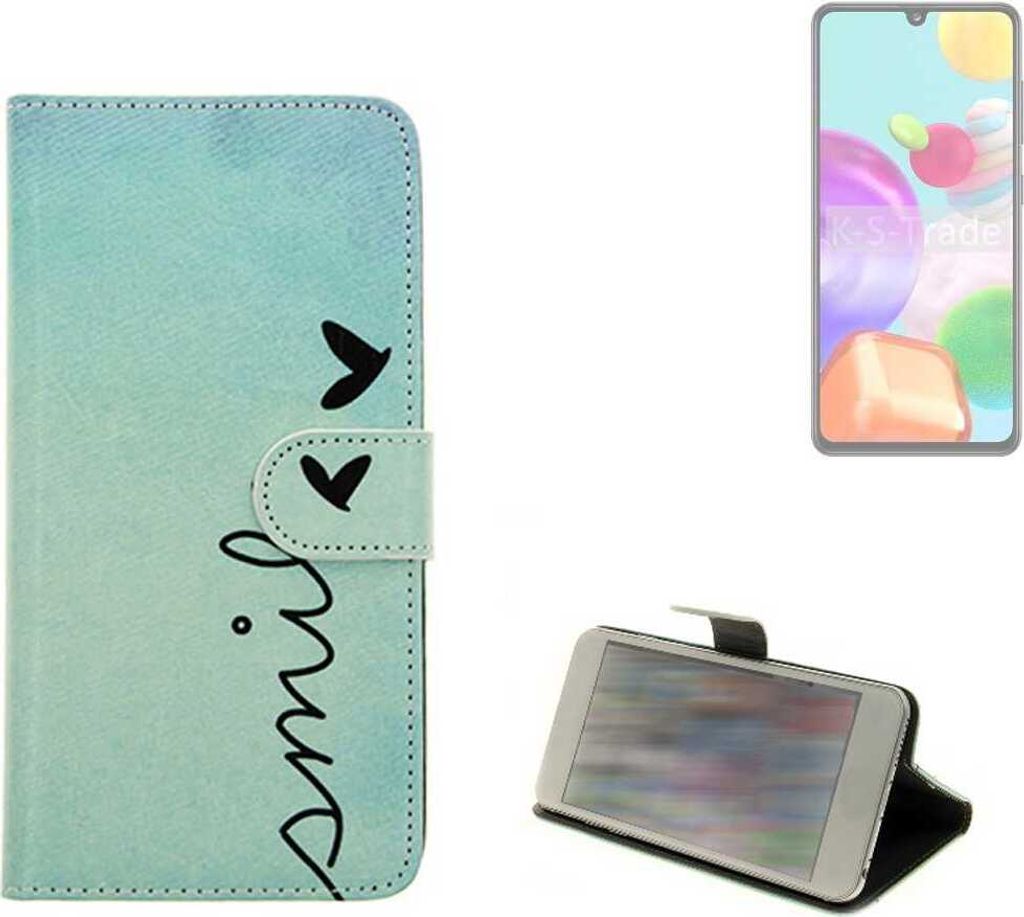 K-S-Trade Schutz Hülle Handy Hülle kompatibel mit Samsung Galaxy A41 Hülle Handyhülle cover bookstyle Etui Handyhülle ''smile'' türkis