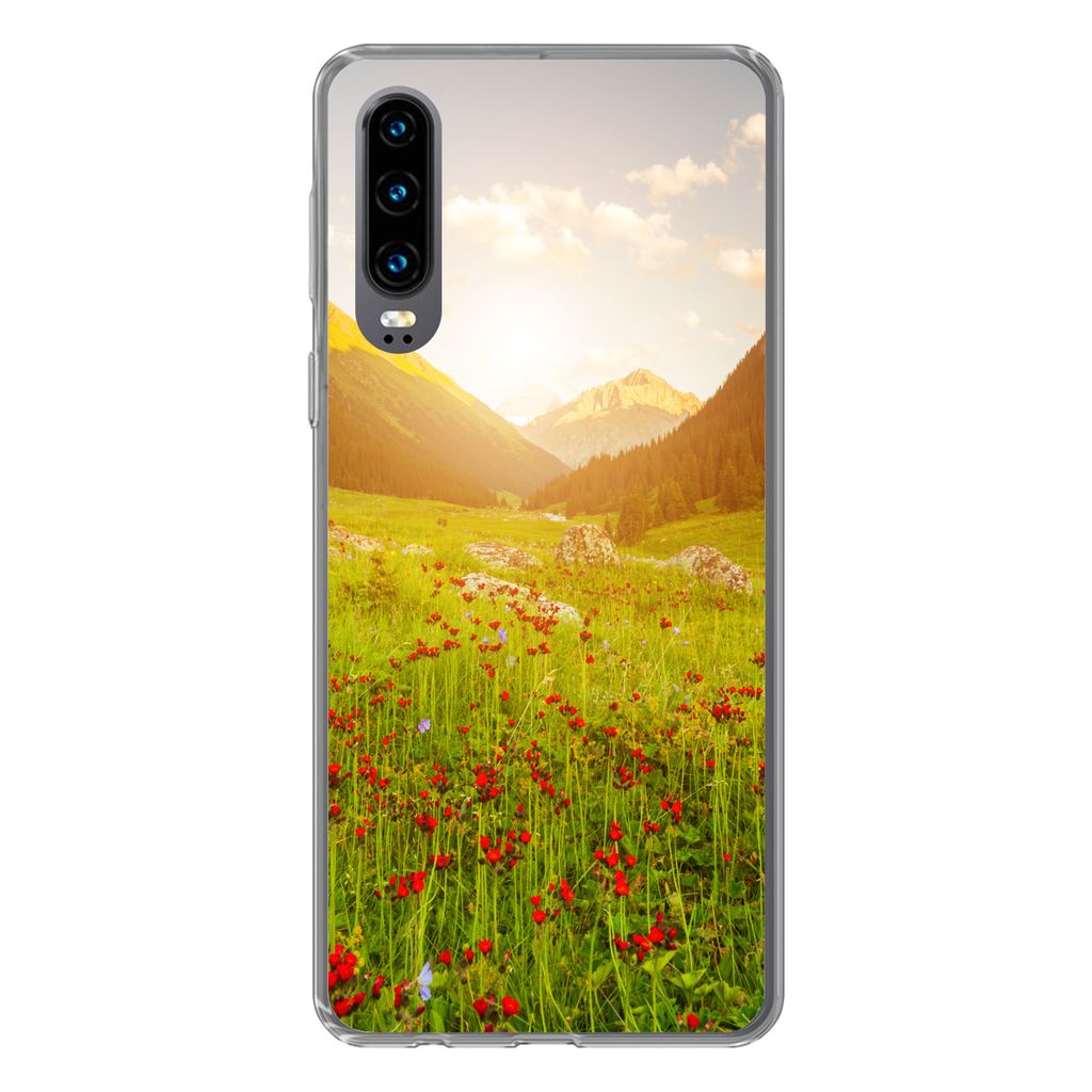 MuchoWow Handyhülle Schutzhülle Hülle für Huawei P30 Blumen - Berg - Sonne Silikon Softcase Handy Hülle - Kartenbesitzer