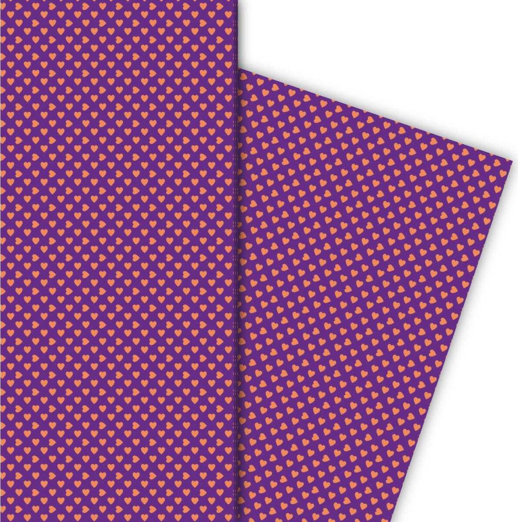 Romantisches Geschenkpapier mit kleinen Herzen orange auf lila - G5390, 32 x 48cm