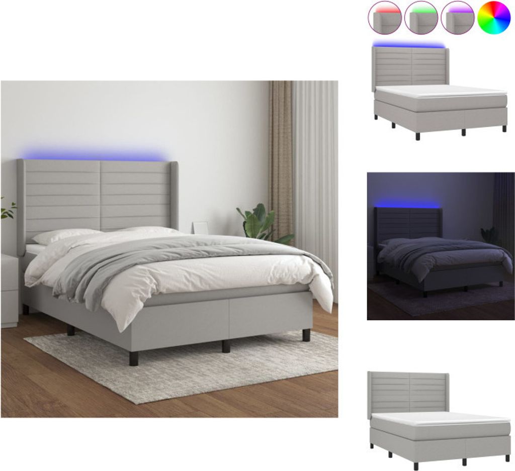 vidaXL Boxspringbett mit Matratze & LED Hellgrau 140x200 cm Stoff - Betten & Bettgestelle