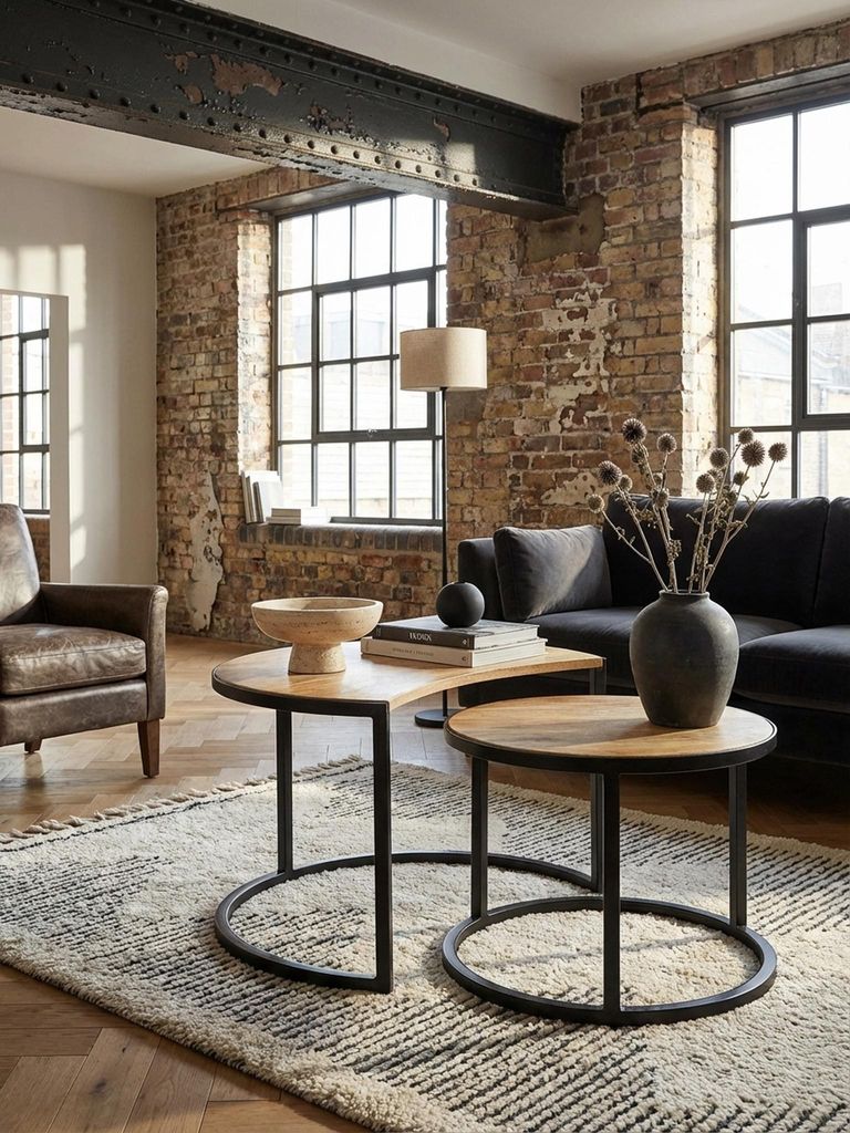 Couchtisch 2er Set Mango Massivholz / Metall Wohnzimmertisch Rund, Industrial Beistelltisch mit Metallbeine Schwarz, Tischset 2-teilig Satztisch Holz