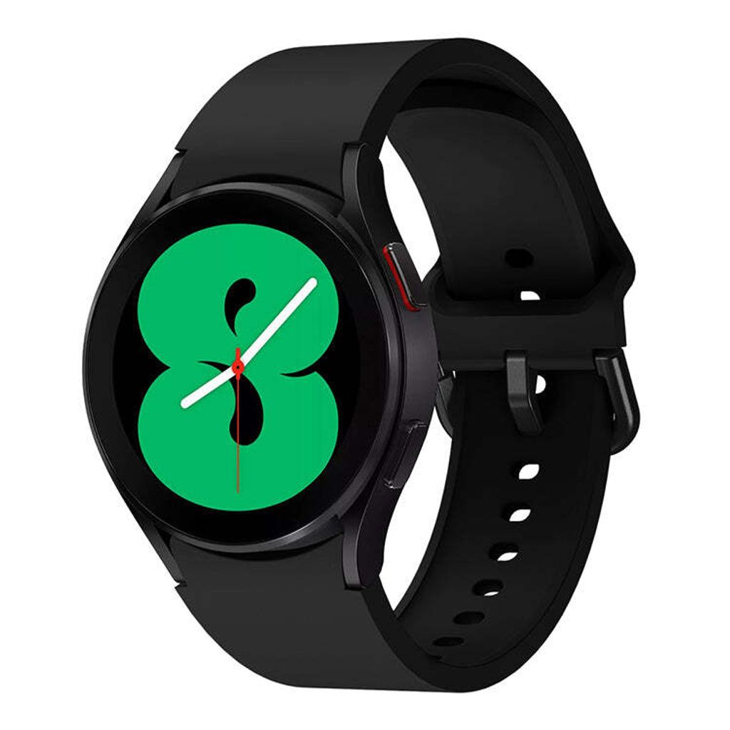 A black smartwatch with a green watch face displaying the number 8.