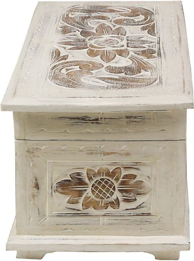 Truhe Holzkiste Holztruhe Schatztruhe Kiste Box Palmenholz Holzbox Blumen Schnitzereien Shabby Used Look Weiß Mittel 50 cm Design 2