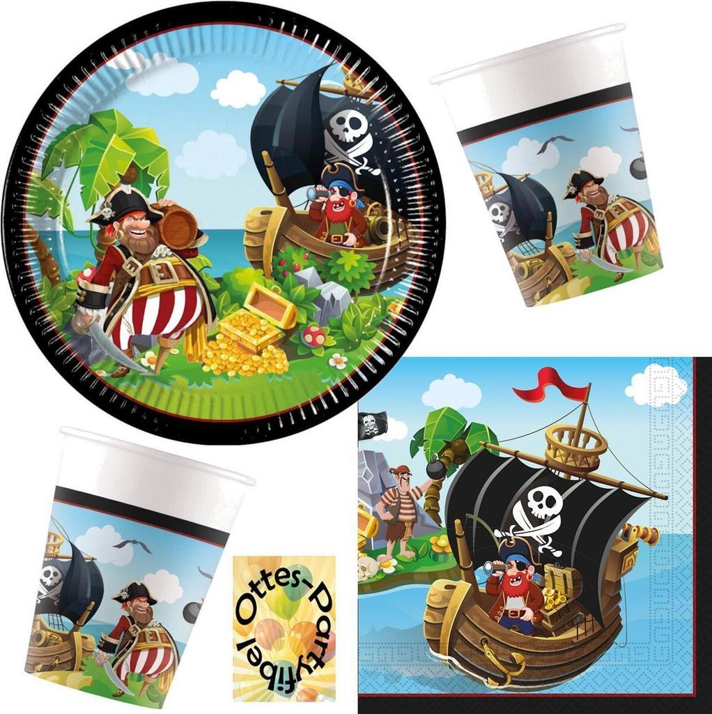 Pirates-Island-Party-Set 52tlg. für 16 Gäste 16 Teller 16 Becher 20 Servietten