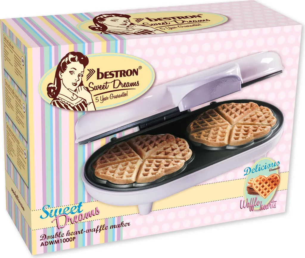 Bestron Gaufrier Double Coeur Rose 1000W avec Revêtement Antiadhésif