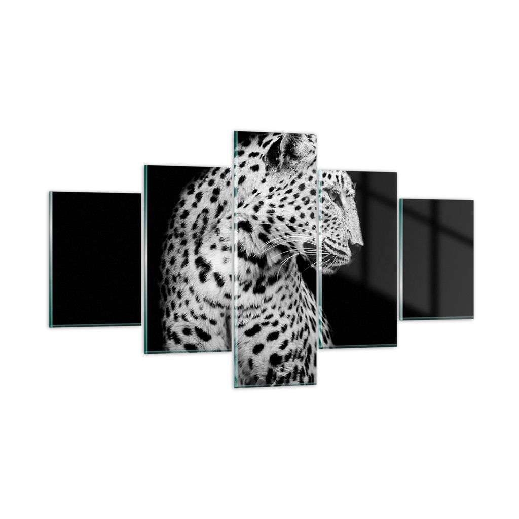 Bilder auf glas - 5 Teile - Leopard Panther Katze - 125x70cm - Glasbilder - Wandbilder - Bilder - zum Aufhängen bereit - Wanddekoration aus Glas -...