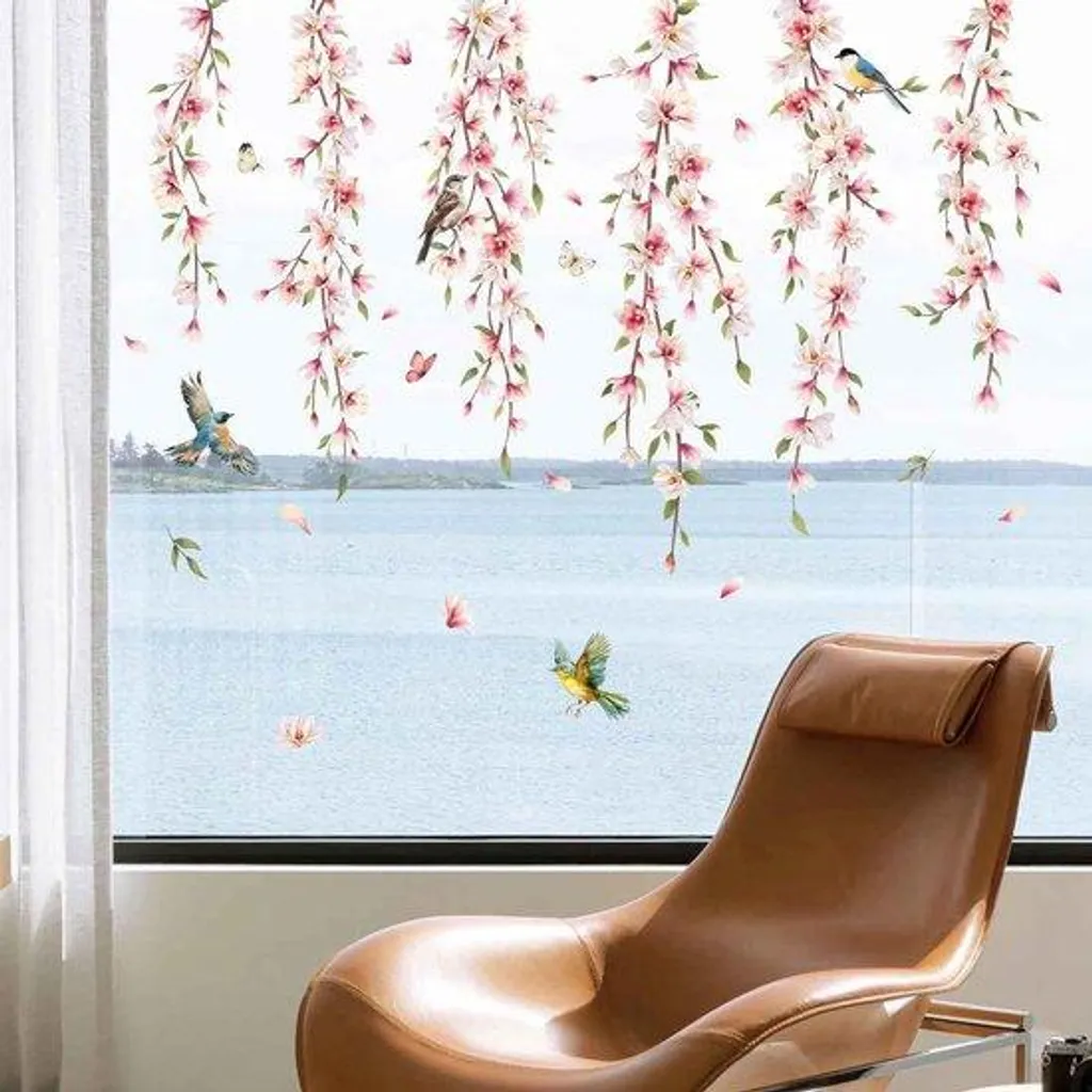 Film décoratif adhésif pour vitrage avec fleurs roses et vrilles d'été