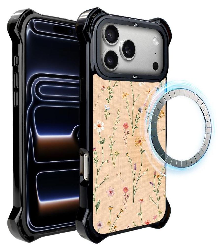 Schutzhülle für das iPhone 17 Pro, MagSafe-kompatibel, verstärkte Ecken, schwarz, Bunte Blumen, korallenfarben