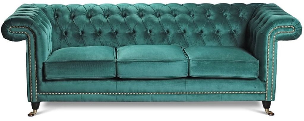 Casa Padrino Luxus Chesterfield Samt Sofa Grün / Schwarz / Messing 240 cm
