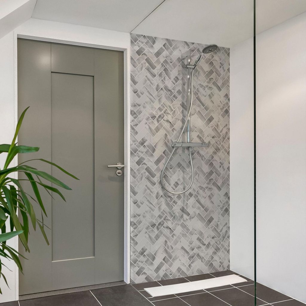 Duschrückwand mit Motiv selbstklebend - 0.61 mm Wandpaneel wasserfest Design weiss Fliesenoptik Badrückwand fugenlos Premium matt 80x210 cm