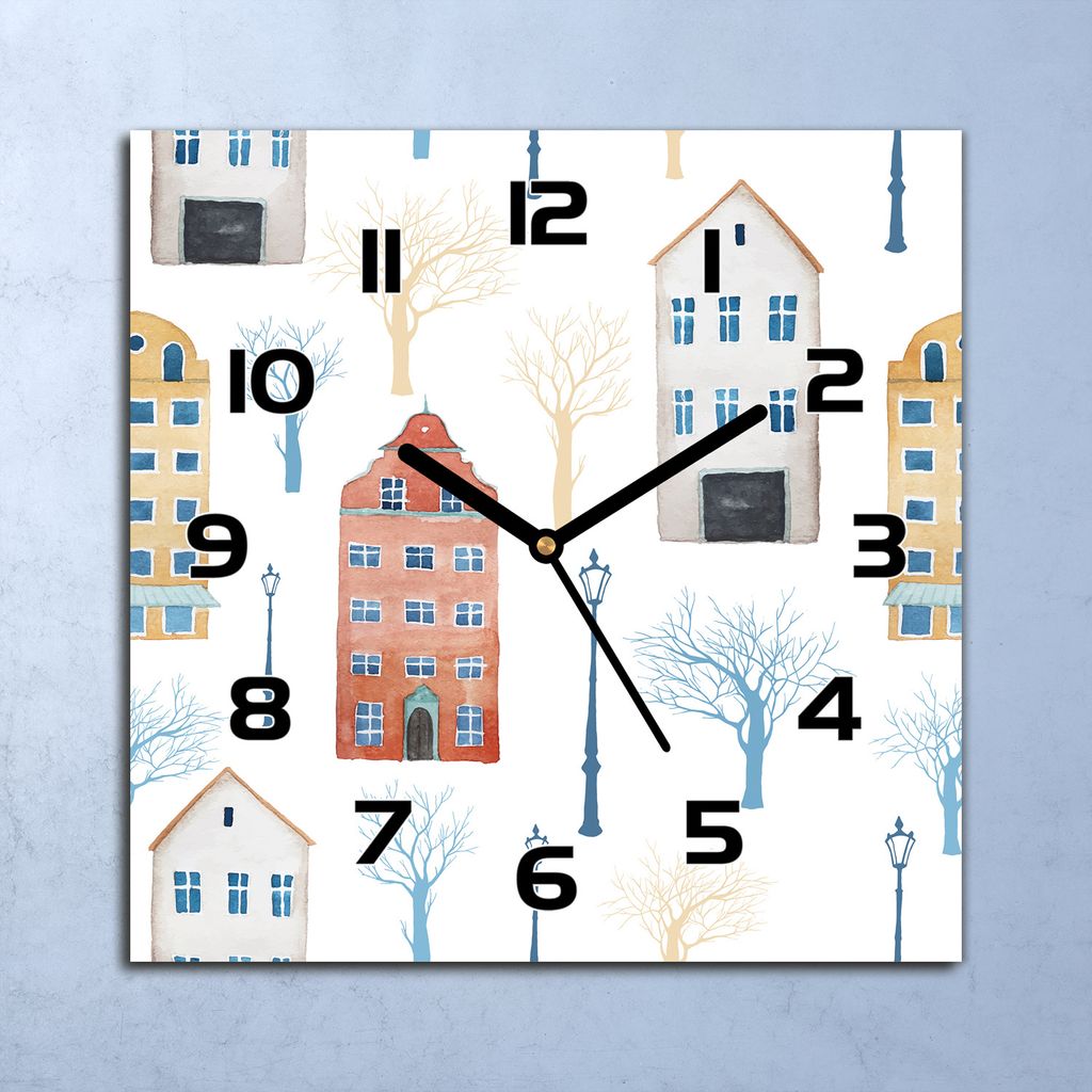 Wanduhr Echt-Glas-Küchenuhr Gebäude weiß Quarz Lautlos 30x30 Deko Bilder