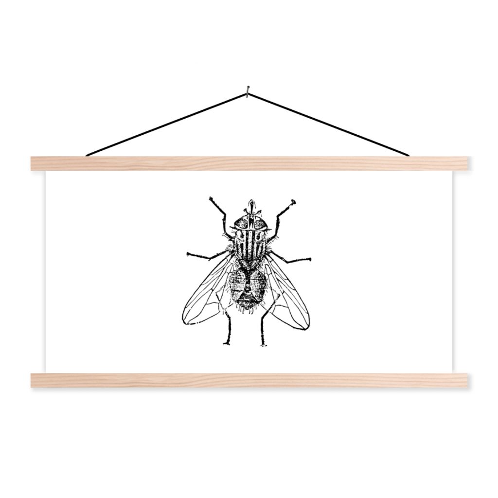 MuchoWow Textilposter Fliege - Tiere - Vintage - Schwarz und weiß 60x30 cm mit holzfarbenen Rahmen - Dekoration