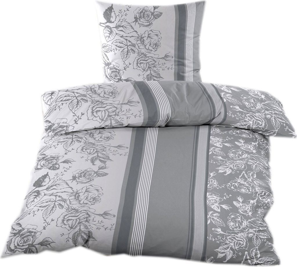 Biber Bettwäsche 135x200 cm 2tlg. aus 100% Baumwolle in Anthrazit Grau geblümt romantisch verspielt