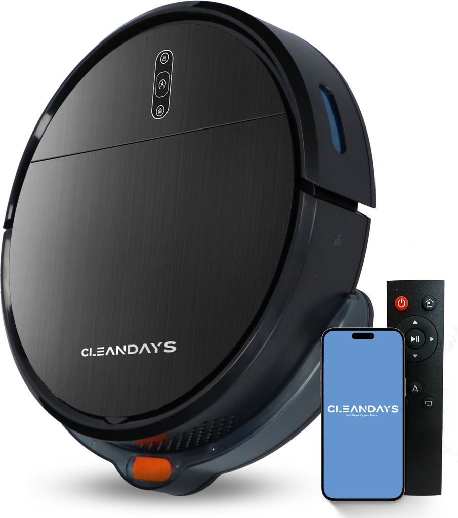 CleanDays D2-007 - Staubsauger Roboter - Robot Vacuum Cleaner with Mop - mit Wischfunktion - mit Ladestation - Robotic Saugroboter - 3 in 1 - Schwarz