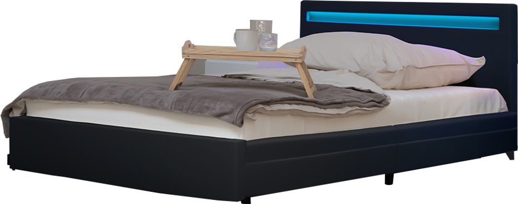 A dark gray upholstered bed with blue LED lighting in the headboard, shown with a tray on top of the bedding.