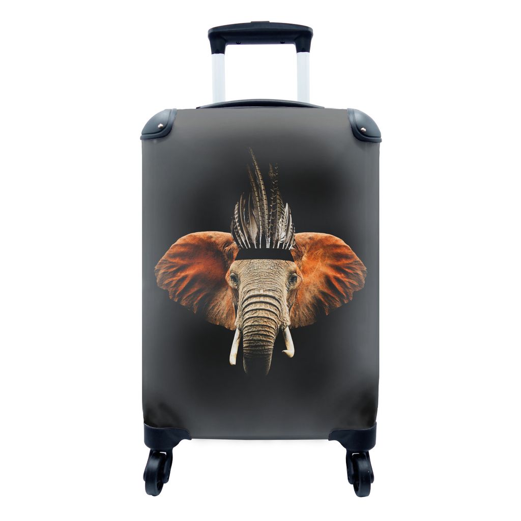 MuchoWow Koffer Handgepäck Trolley Rollkoffer Kleine Reisekoffer mit 4 Rollen - Elefant - Schwarz - Indischer Kopfschmuck - Cabin Size < 55x40x2...