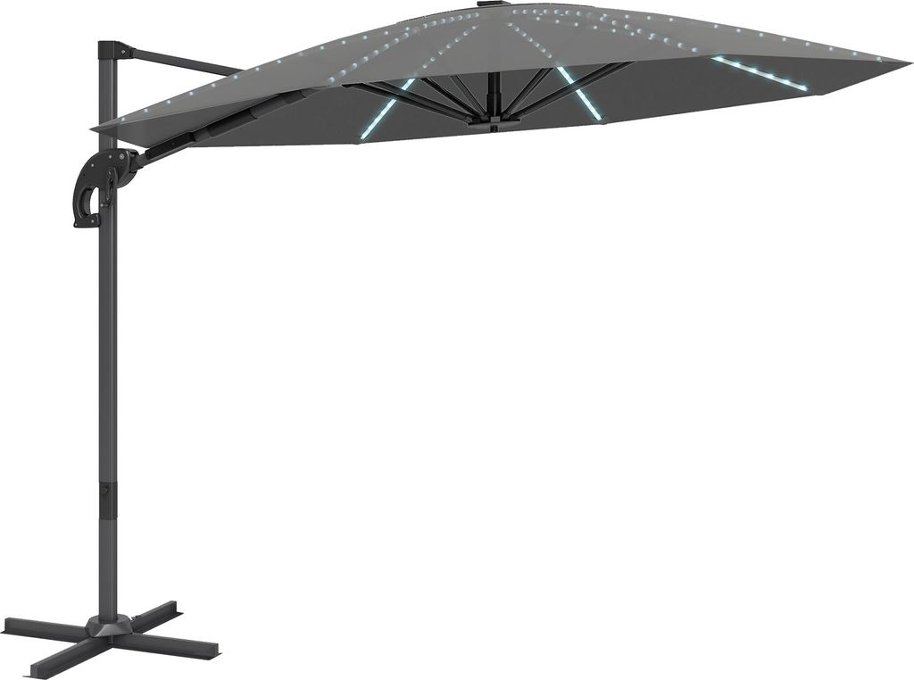 Alu Ampelschirm LED Solar Ø300 cm höhenverstellbar Sonnenschirm mit Kurbel Ständer UV50+ Dunkelgrau