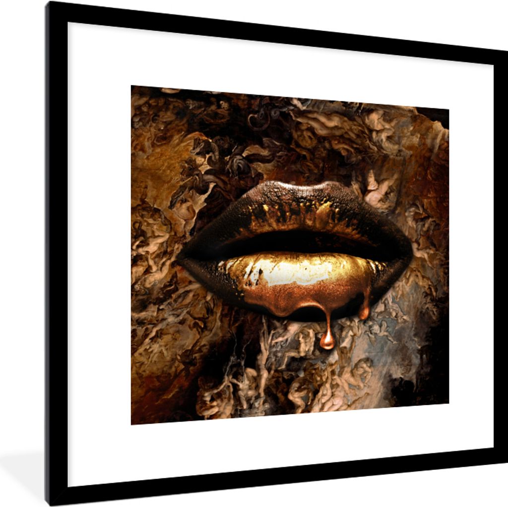 MuchoWow Gerahmtes Poster Gold - Lippen - Luxus 40x40 cm - Poster mit Schwarzem Bilderrahmen Wandposter Rahmen Foto Bilder - Poster - Plakat im R...