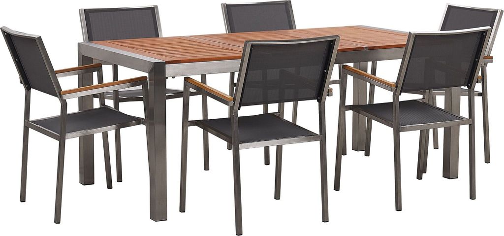 BELIANI Gartenmöbel Set Eukalyptusholz Edelstahl Tisch 180 cm 6 Stühle Grau Terrasse Outdoor Modern Garten Terrasse