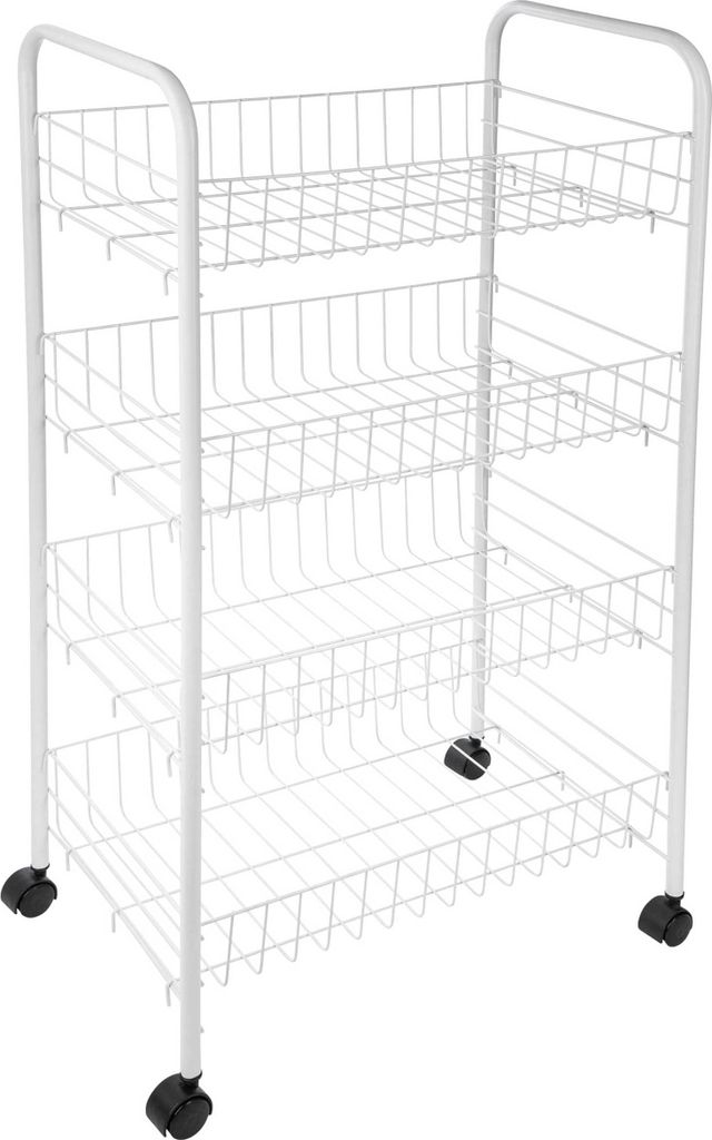 A white metal rolling cart with four wire baskets is shown against a white background.