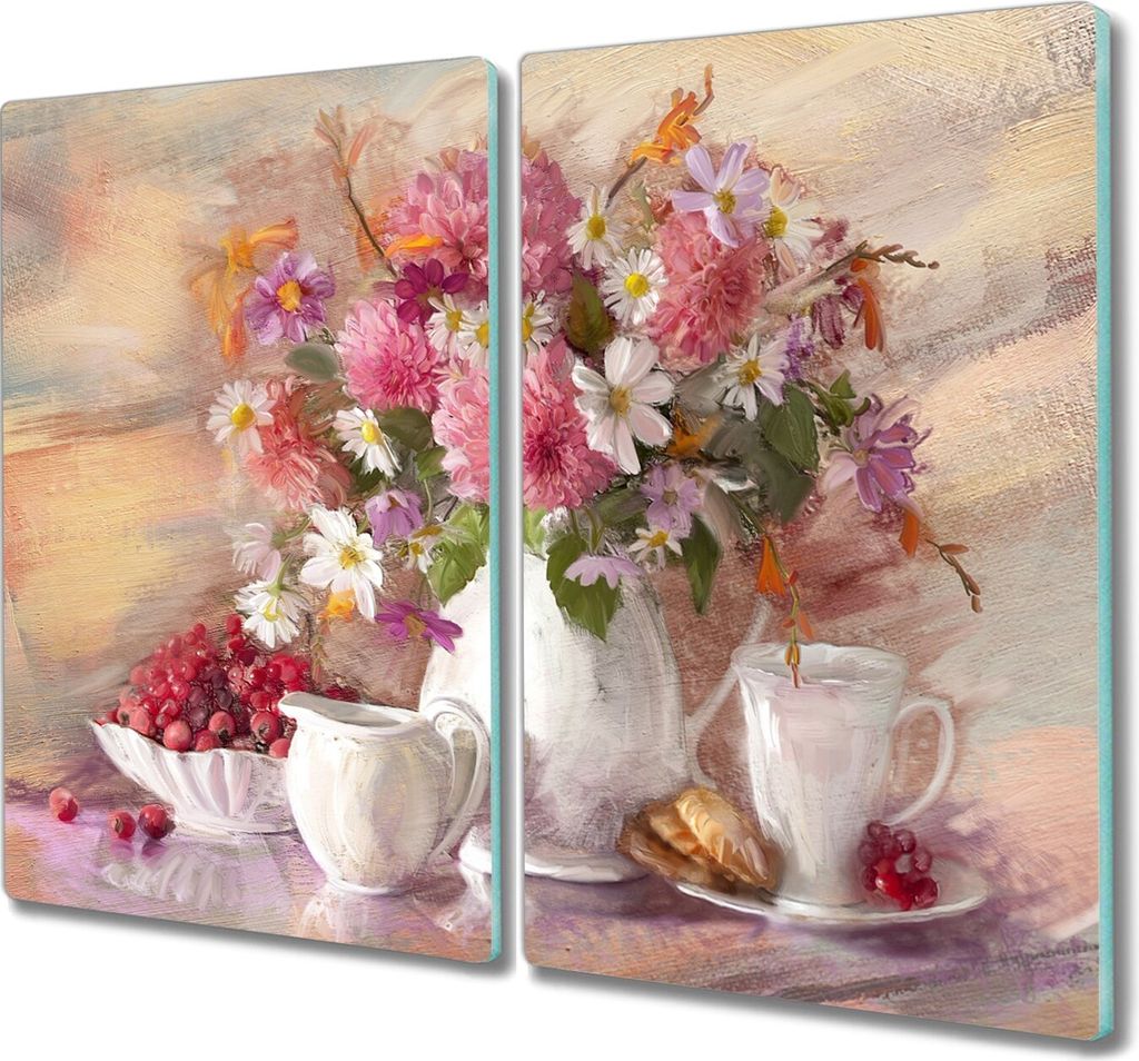 Coloray Hackbrett Kochplattenabdeckung Herdabdeckplatte 2x30x52 cm Schneidebrett Küchenbrett - Blumen Tasse