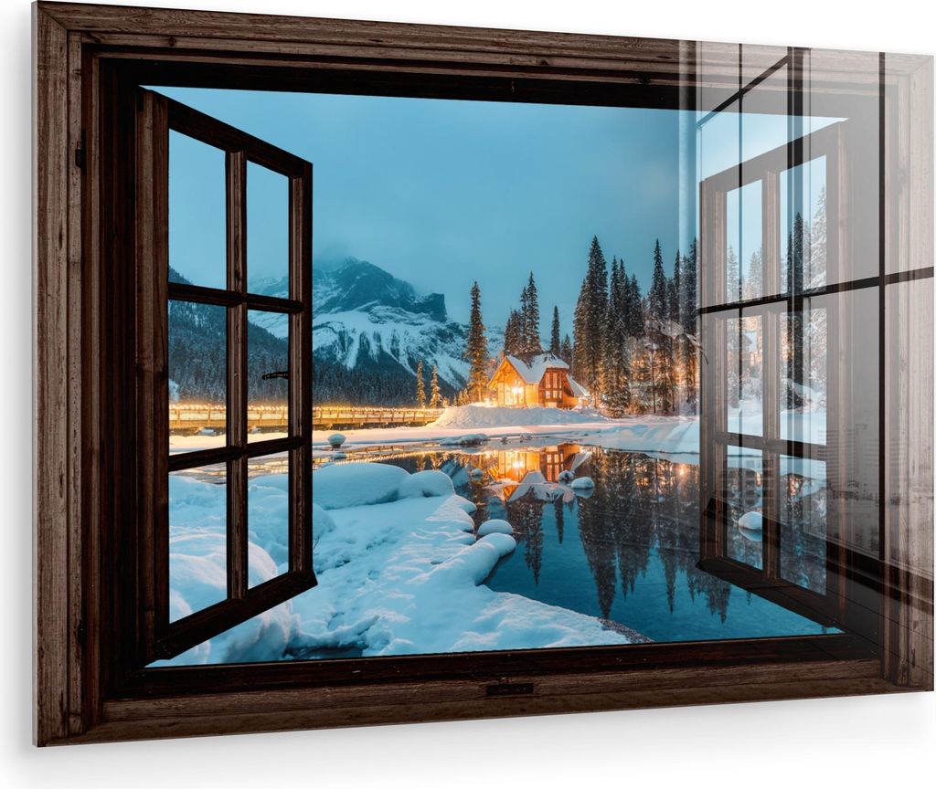 MuchoWow Glasbilder - Bilder auf Wandbild - Foto auf Glas Durchblick - Winter - Landschaft - Natur - Haus - Berge 120x80 cm Wanddekoration aus Glas...