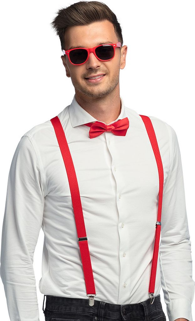 Partyset Hosenträger, Brille und Fliege | Rot