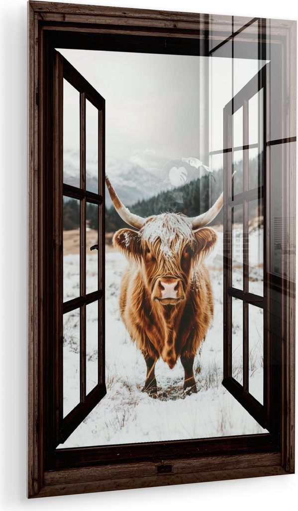 MuchoWow Glasbilder - Bilder auf Wandbild - Foto auf Glas Schottische Hochlandrind - Landschaft - Ländlich - Berge - Winter - Aussicht - Dunkelhei...