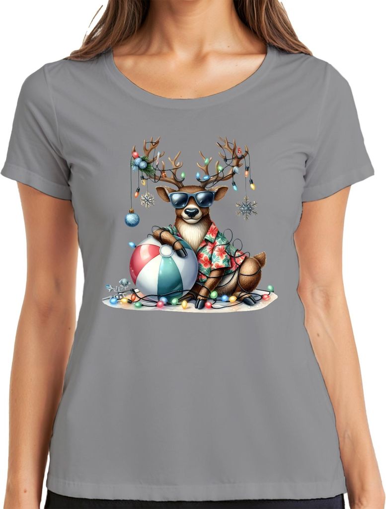 Weihnachtsrentier Sonnenbrille Hawaiihemd Strandball Lichterkette Damen T-Shirt, Grau, L