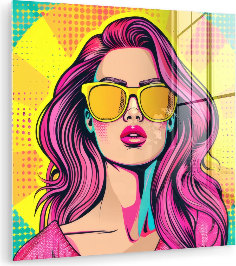 MuchoWow Glasbilder - Bilder auf Wandbild - Foto auf Glas Sonnenbrille - Frau - Sonnig - Gelb 90x90 cm Wanddekoration aus Glas - Acrylglasbild - Ac...