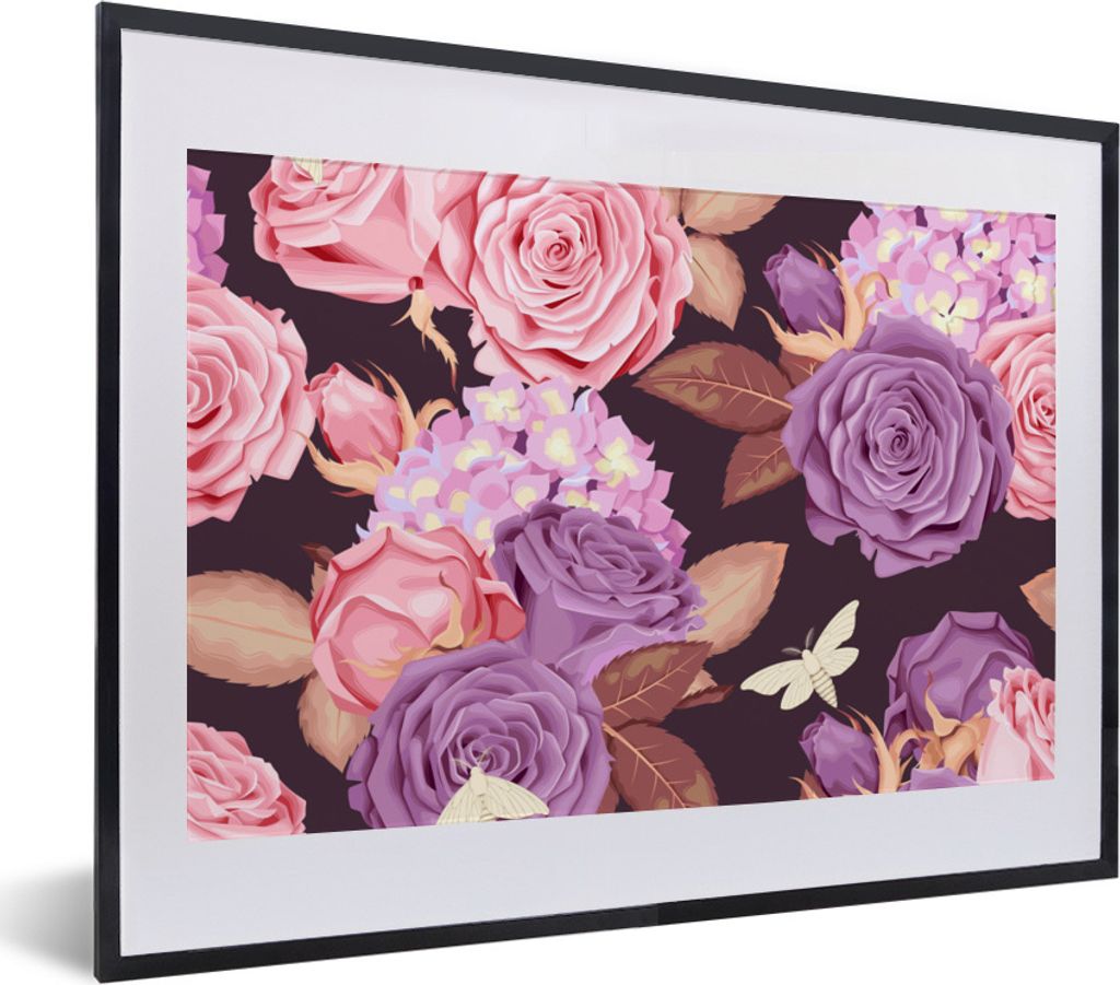 MuchoWow Gerahmtes Poster Blumen - Schmetterlinge - Lila - Rosa 40x30 cm - Poster mit Schwarzem Bilderrahmen Wandposter Rahmen Foto Bilder - Bild...