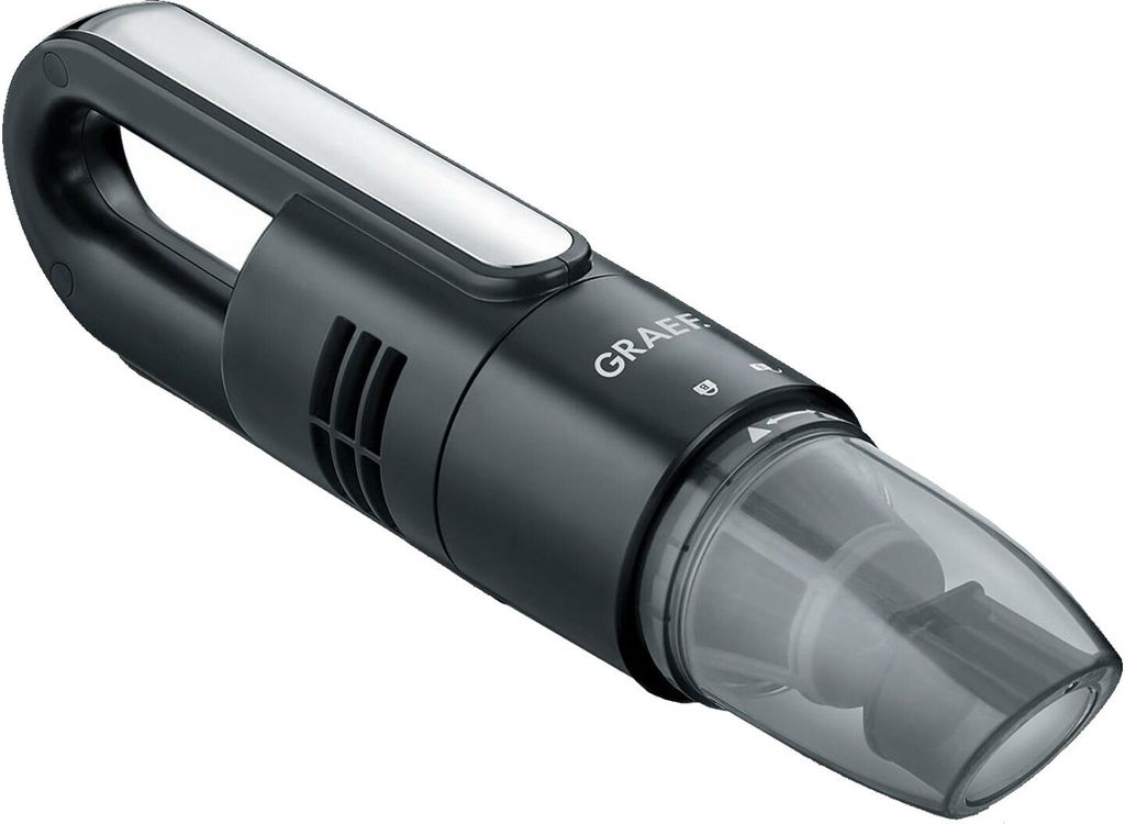 A black handheld vacuum cleaner is shown against a white background.