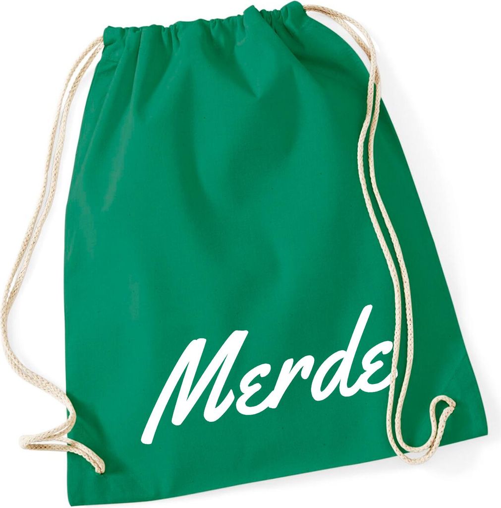 Huuraa Turnbeutel Merde französisch Schriftzug 12 Liter Kelly Green Baumwolle Rucksack Geschenkidee