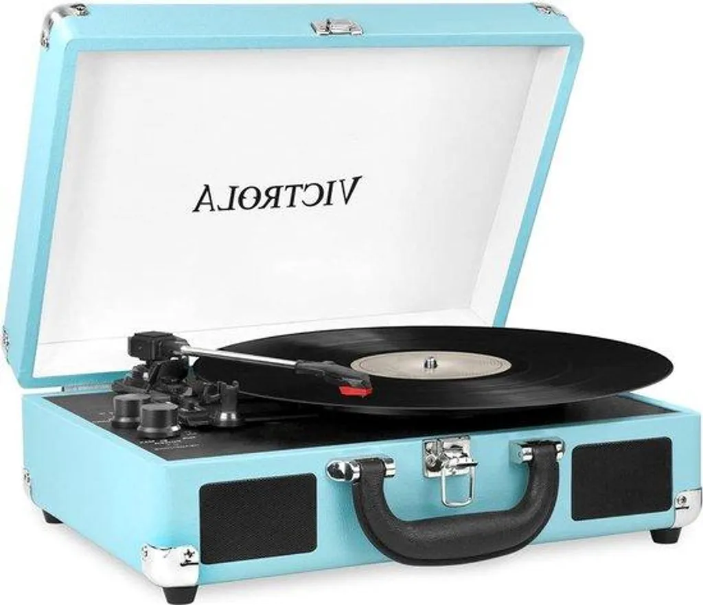 Platine vinyle portable turquoise style valisette rétro avec haut-parleurs