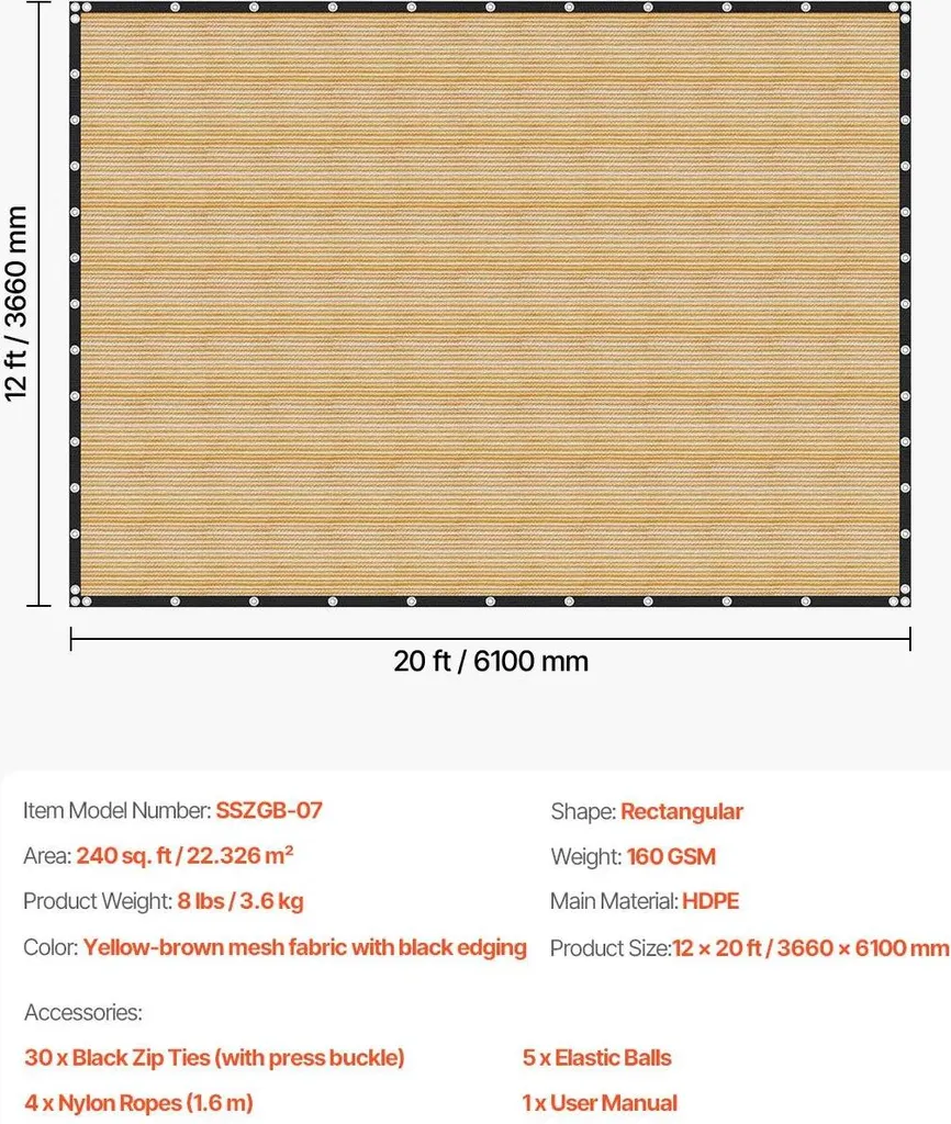 Tessuto Ombreggiante 12x12ft Beige HDPE 185GSM | Protezione UV Esterni