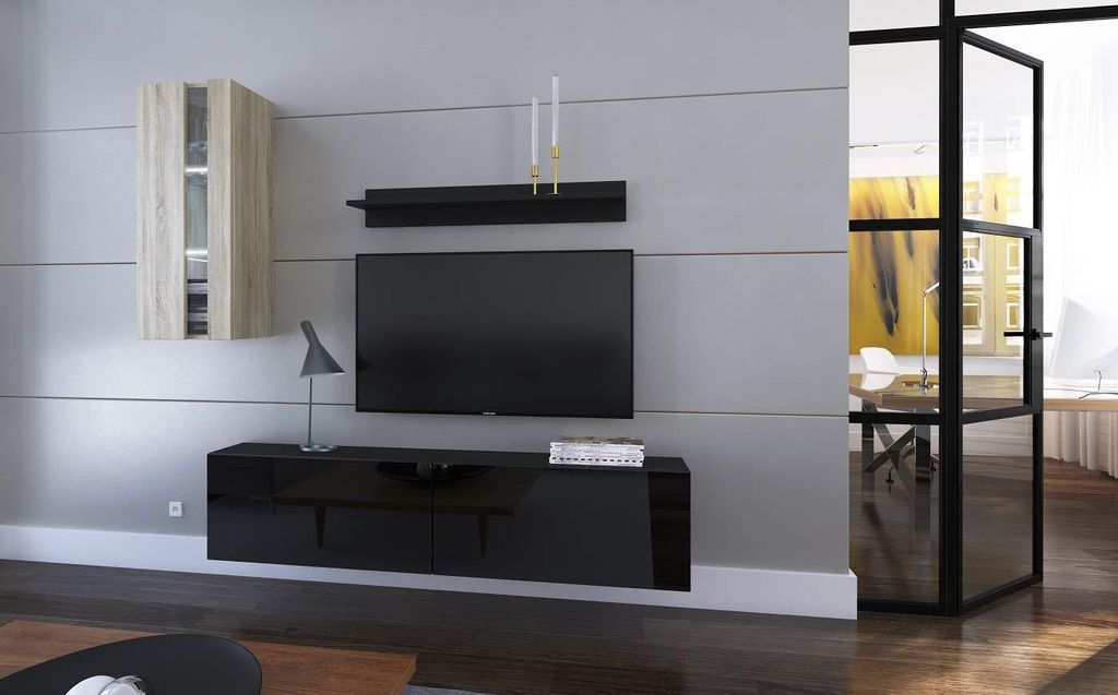 Furnitech Wohnwand Wohnzimmer - Wohnzimmer Möbel mit LED Blau - Hängend Wohnwand Modern - Regale und TV Schrank (Mery AN271-17BS-HGM30 1A Klein)