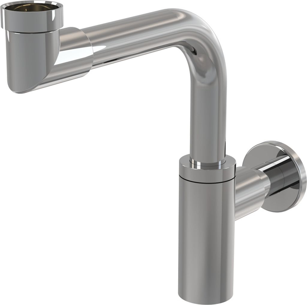 A chrome-plated siphon for a sink, mounted on a white background.
