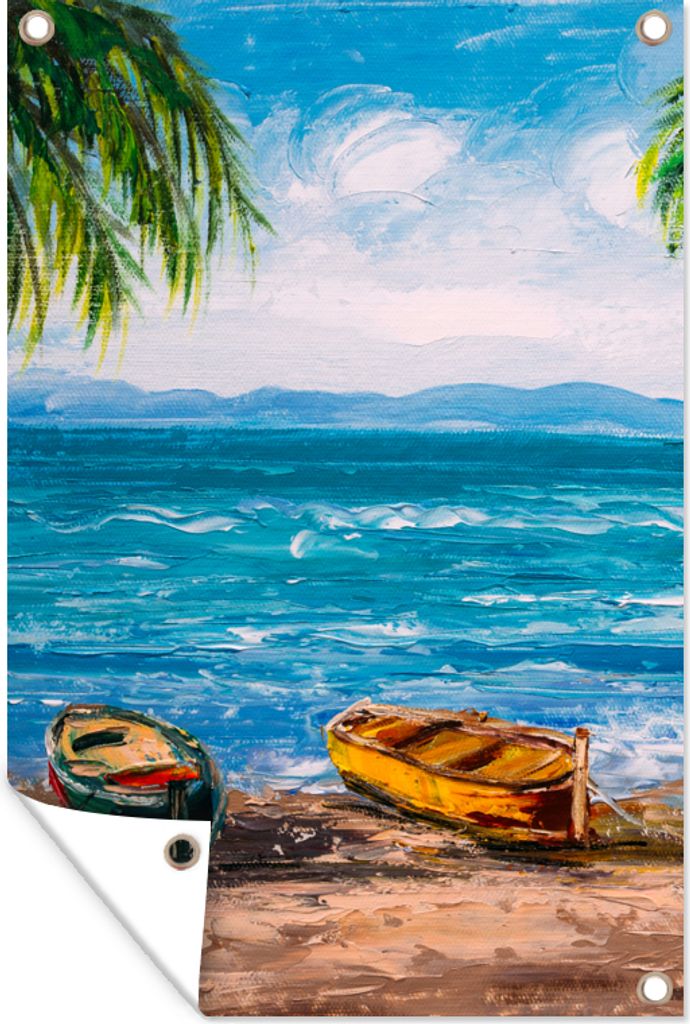 MuchoWow 80x120 cm Outdoor-Poster Gartendeko Sichtschutz Garten Poster für den Garten Gemälde - Öl auf Leinwand - Strand - Palme - Boot
